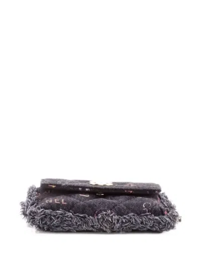 Pre-owned Chanel Denim Mood Flap Clutch With Chain Logo Printed Quilted Fringe Denim Crossbody Bag In Black