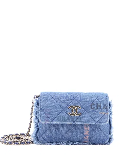 Pre-owned Chanel Denim Mood Flap Clutch With Chain Logo Printed Quilted Fringe Denim Crossbody Bag In Blue