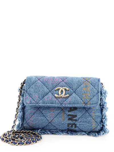 Pre-owned Chanel Denim Mood Flap Clutch With Chain Logo Printed Quilted Fringe Denim Crossbody Bag In Blue