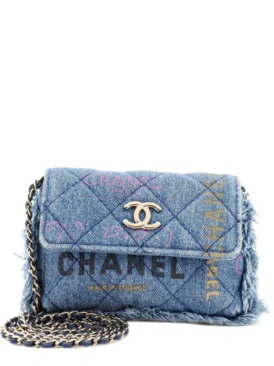 Pre-owned Chanel Denim Mood Flap Clutch With Chain Logo Printed Quilted Fringe Denim Crossbody Bag In Blue