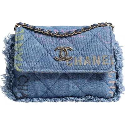 Pre-owned Chanel Denim Mood Flap Micro Logo Printed Fringed Shoulder Women's Bag In Blue
