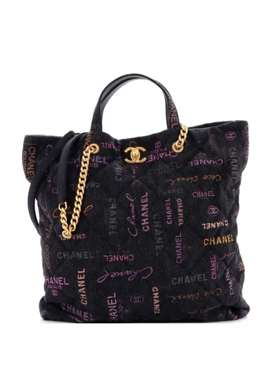 Pre-owned Chanel Denim Mood Shopping Logo Printed Quilted Denim Maxi Tote Bag In Black