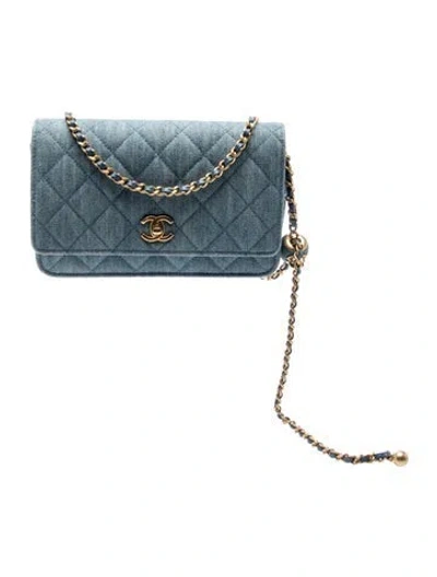 Pre-owned Chanel Denim Pearl Crush Wallet On Chain In Blue