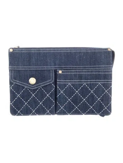 Pre-owned Chanel Denim Quilted Zip Clutch In Blue