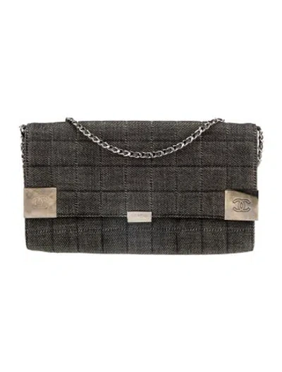 Pre-owned Chanel Denim Square Quilt Clutch W/ Chain In Gray