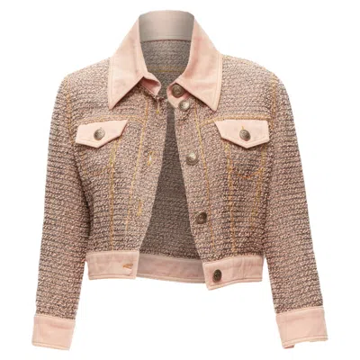 Pre-owned Chanel Denim Trim Tweed Button Cropped Jacket In Pink