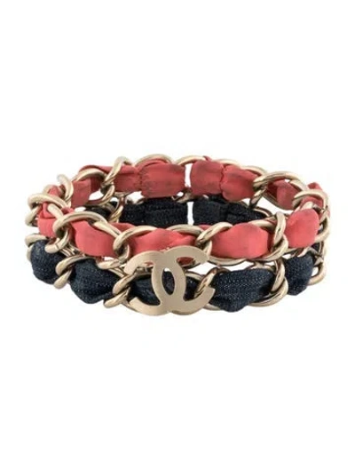 Pre-owned Chanel Denim Woven Curb Cc Link Bracelet, 7" In Blue/pink