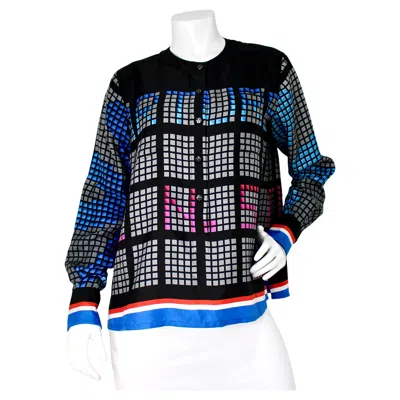 Pre-owned Chanel Departure Board Print Silk Button-up Blouse Runway Ss 2016 In Black