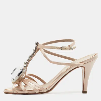 Pre-owned Chanel Diamante Size 38 Gold Satin Crystal Embellished Slingback Sandals