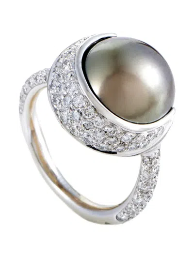 Pre-owned Chanel Diamond And Tahitian Pearl Ring In Silver