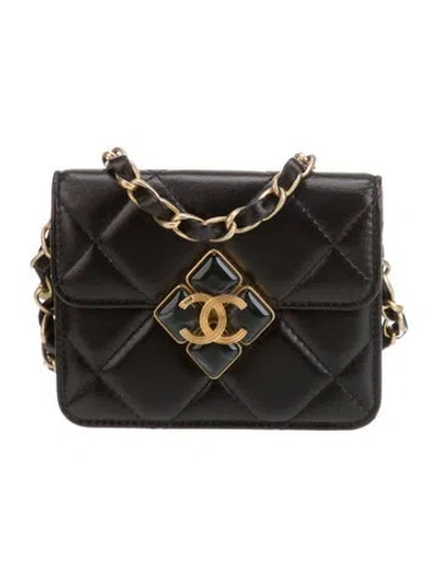 Pre-owned Chanel Diamond Lock Card Holder On Chain In Black