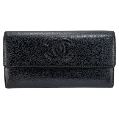 Pre-owned Chanel Discontinued  Timeless Cc Black Caviar Leather Flap Long Wallet