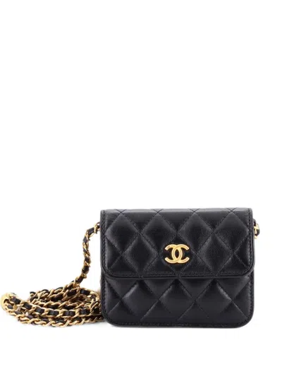 Pre-owned Chanel Double Cc Pearl Card Holder On Chain Quilted Lambskin Crossbody Bag In Black