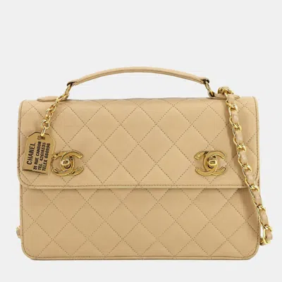 Pre-owned Chanel Double Cc Turn Lock Cambon Charm Small Beige Quilted Lambskin Shoulder Bag In Sand