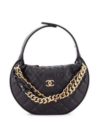 Pre-owned Chanel Double Chain Bow Pouch Quilted Caviar Mini Hobo Bag In Black