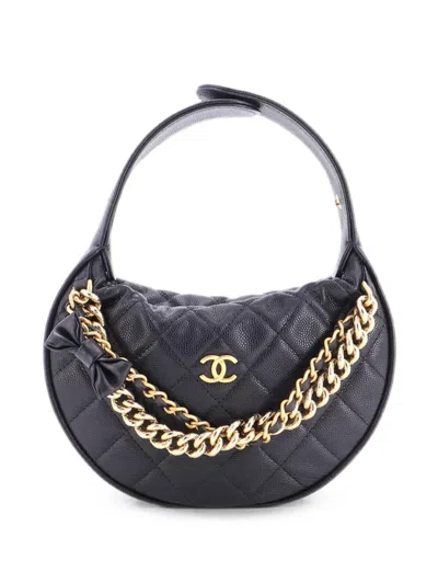 Pre-owned Chanel Double Chain Bow Pouch Quilted Caviar Mini Hobo Bag In Black