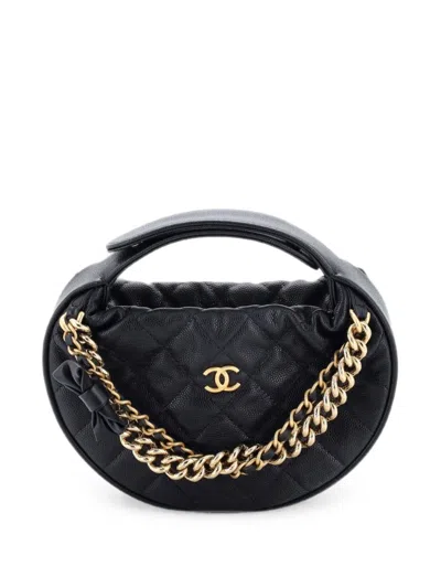Pre-owned Chanel Double Chain Bow Pouch Quilted Caviar Mini Hobo Bag In Black