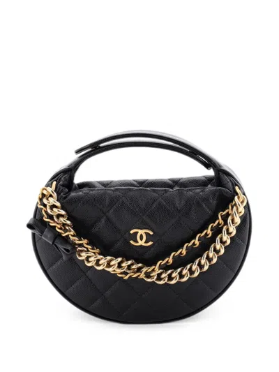 Pre-owned Chanel Double Chain Bow Pouch Quilted Caviar Mini Hobo Bag In Black