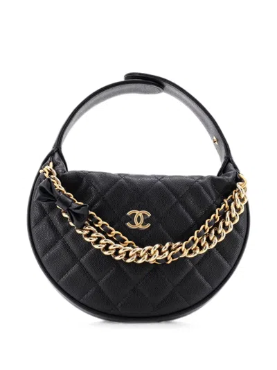 Pre-owned Chanel Double Chain Bow Pouch Quilted Caviar Mini Hobo Bag In Black