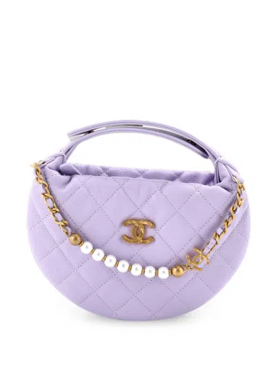 Pre-owned Chanel Double Chain Bow Pouch Quilted Caviar Mini Hobo Bag In Purple