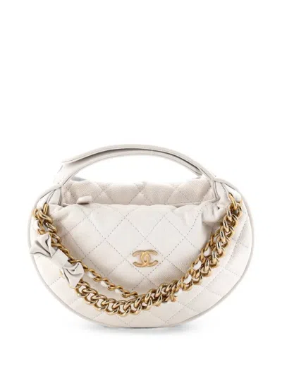 Pre-owned Chanel Double Chain Bow Pouch Quilted Caviar Mini Hobo Bag In White