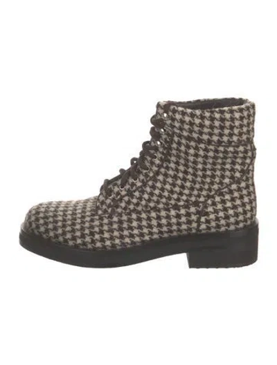 Pre-owned Chanel Double G Logo Tweed Lace-up Boots In Brown/white