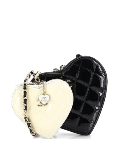 Pre-owned Chanel Double Heart Clutch With Chain Quilted Patent Crossbody Bag In Black