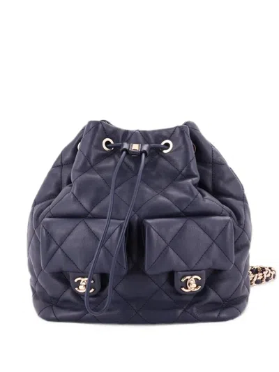 Pre-owned Chanel Double Pocket Drawstring Quilted Calfskin Small Backpack In Blue
