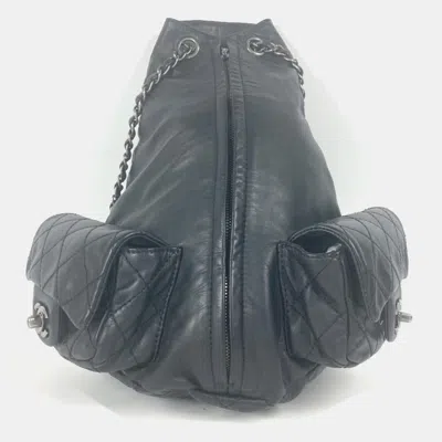 Pre-owned Chanel Double Pocket Quilted Bag Zipper Chain Backpack Gunmetal Rucksack Leather Black