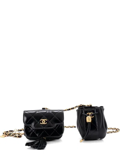 Pre-owned Chanel Double Pouch Chain Quilted Shiny Lambskin Belt Bag In Black
