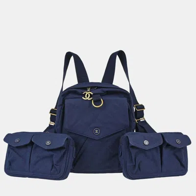 Pre-owned Chanel Double Waist Bag Blue Canvas Backpack