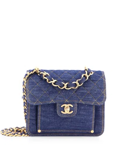 Pre-owned Chanel Double You Cc Flap Bag Quilted Denim Medium Shoulder Bag In Blue