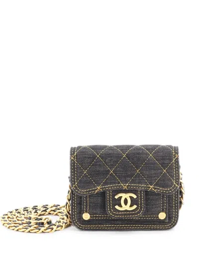 Pre-owned Chanel Double You Cc Flap With Chain Quilted Denim Clutch Bag In Black