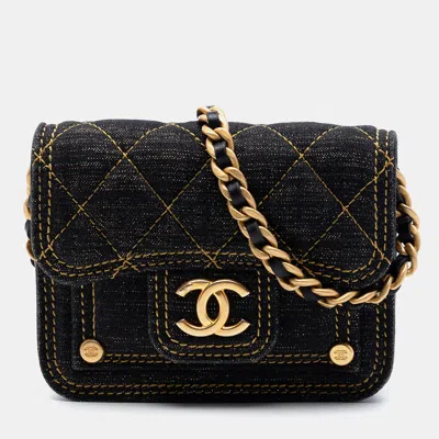 Pre-owned Chanel Double You Mini Blue Quilted Denim Card Holder Bag