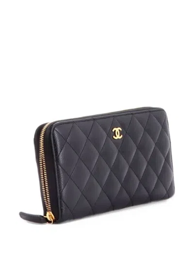 Pre-owned Chanel Double Zip Around Wallet Quilted Caviar Small Crossbody Bag In Black