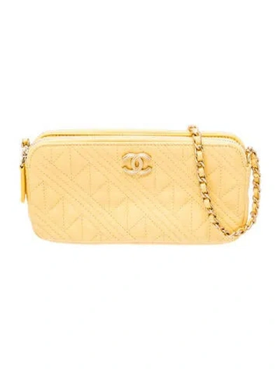 Pre-owned Chanel Double Zip Clutch W/ Chain In Yellow