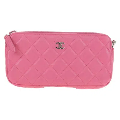 Pre-owned Chanel Double Zip Clutch With Chain Quilted Lambskin Pink Leather Shoulder Bag Bag ()