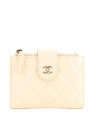 Pre-owned Chanel Double Zip French Wallet Quilted Caviar Compact Card Holder In Neutral