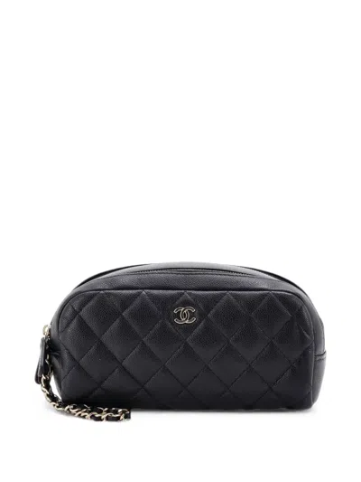 Pre-owned Chanel Double Zip Toiletry Quilted Caviar Pouch In 黑色