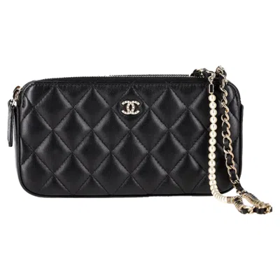 Pre-owned Chanel Double Zip Wallet On Chain In Black Quilted Leather
