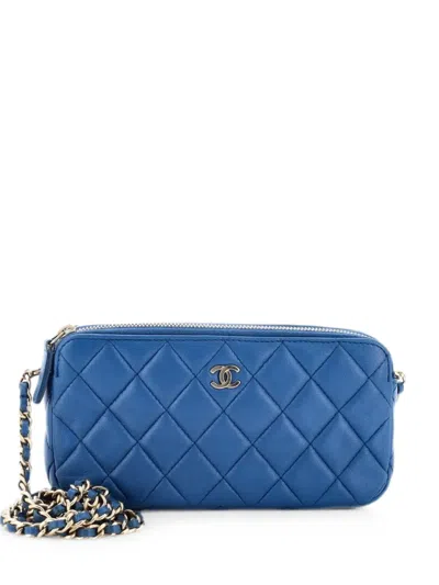 Pre-owned Chanel Double Zip With Chain Quilted Lambskin Clutch Bag In Blue