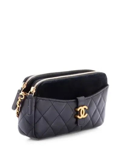 Pre-owned Chanel Double Zip With Chain Quilted Lambskin With Suede Clutch Bag In Black