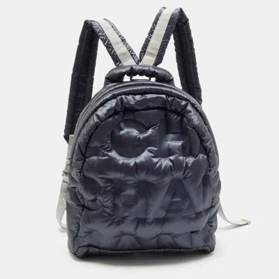 Pre-owned Chanel Doudoune Metallic Blue Embossed Nylon Backpack In Silver