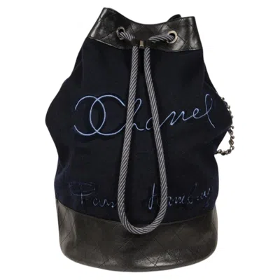 Pre-owned Chanel Drawstring Sling Backpack Wool Navy Black Leather Travel Carry On Duffle In Blue
