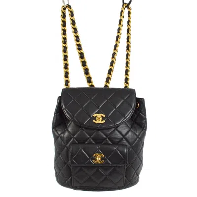 Pre-owned Chanel Duma Drawstring Backpack Quilted Leather Black Leather Backpack Bag ()