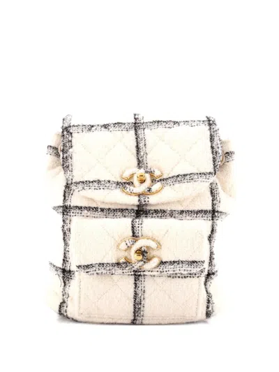 Pre-owned Chanel Duma Drawstring Quilted Wool Tweed Large Backpack In Black