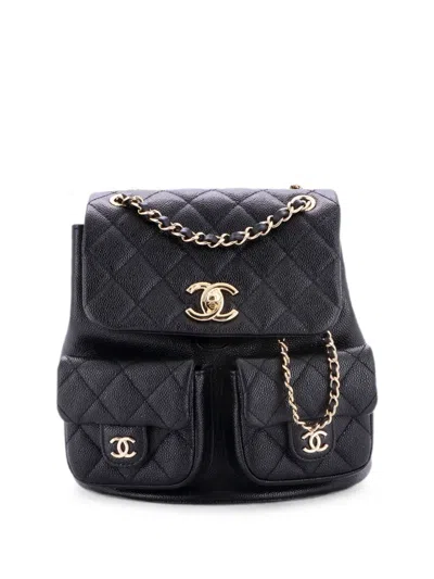 Pre-owned Chanel Duma Pockets Drawstring Quilted Caviar Small Backpack In Black