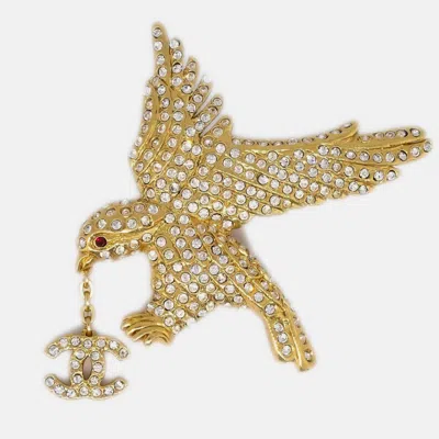 Pre-owned Chanel Eagle Rhinestone Brooch Pin Gold