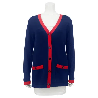 Pre-owned Chanel Early 2000's  Navy And Red V-neck Cashmere Cardigan