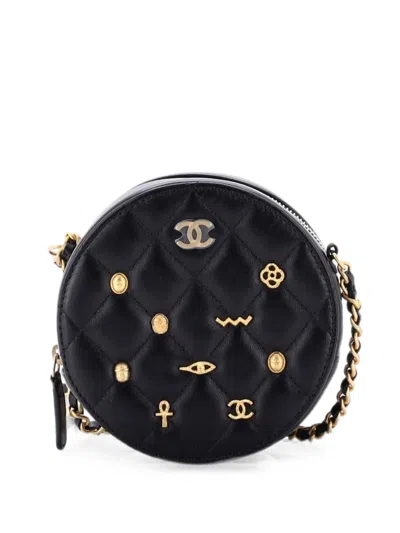 Pre-owned Chanel Egyptian Amulet Round Chain Quilted Calfskin Mini Clutch Bag In Black